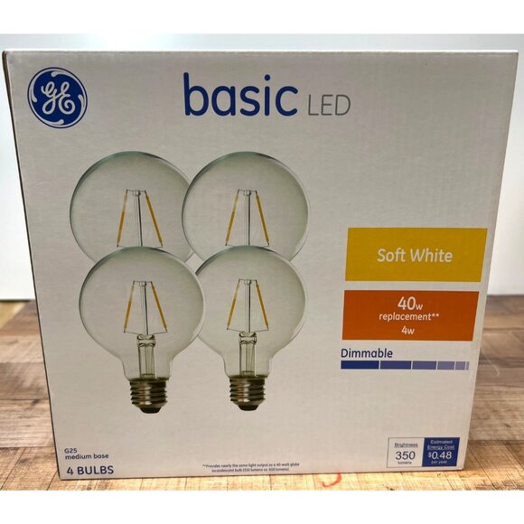 GE Basic LED G25 Medium Base Dimmable Soft White Light Bulbs 40W 4-Pack - Picture 1 of 4